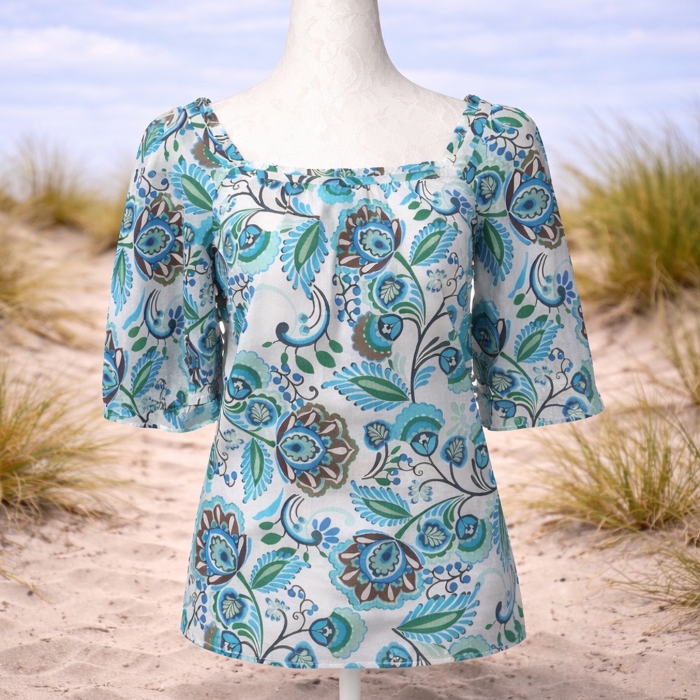 Talbots Beach Tropical Floral Popover Blouse Blue Aqua Square Neck Top Size M